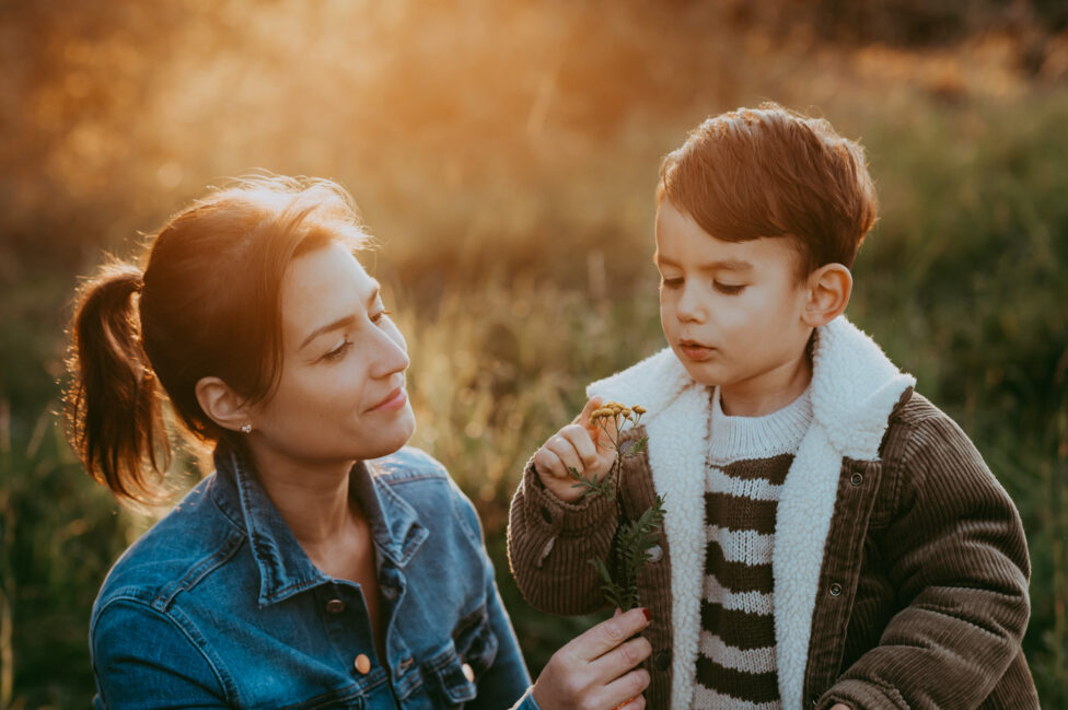 Sohn zeigt der Mama eine Blume auf einer herbstlichen Wiese im Nachmittagslicht.